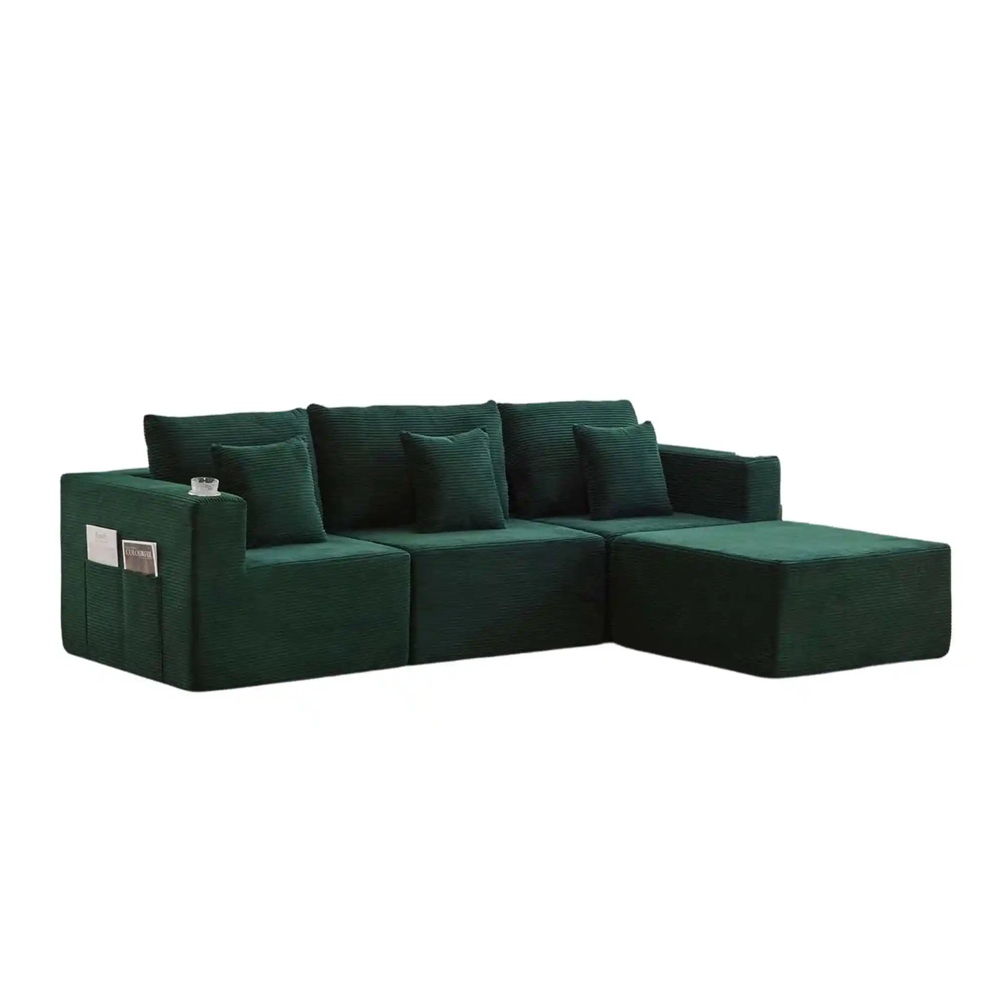 Green L-shaped sofa bed with back pillows and matching chaise seat