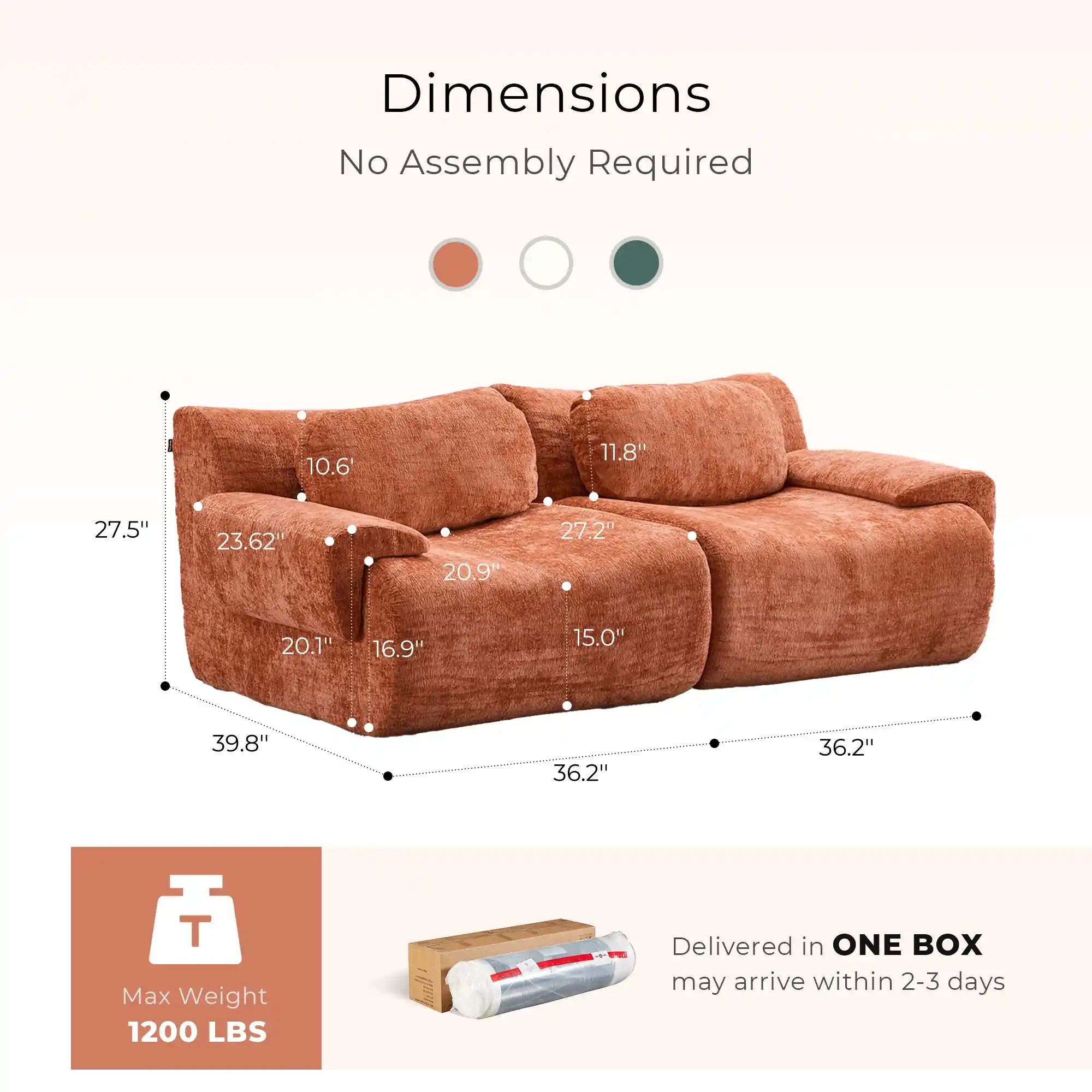 Orange sectional sofa with labeled dimensions and seat depth measurements