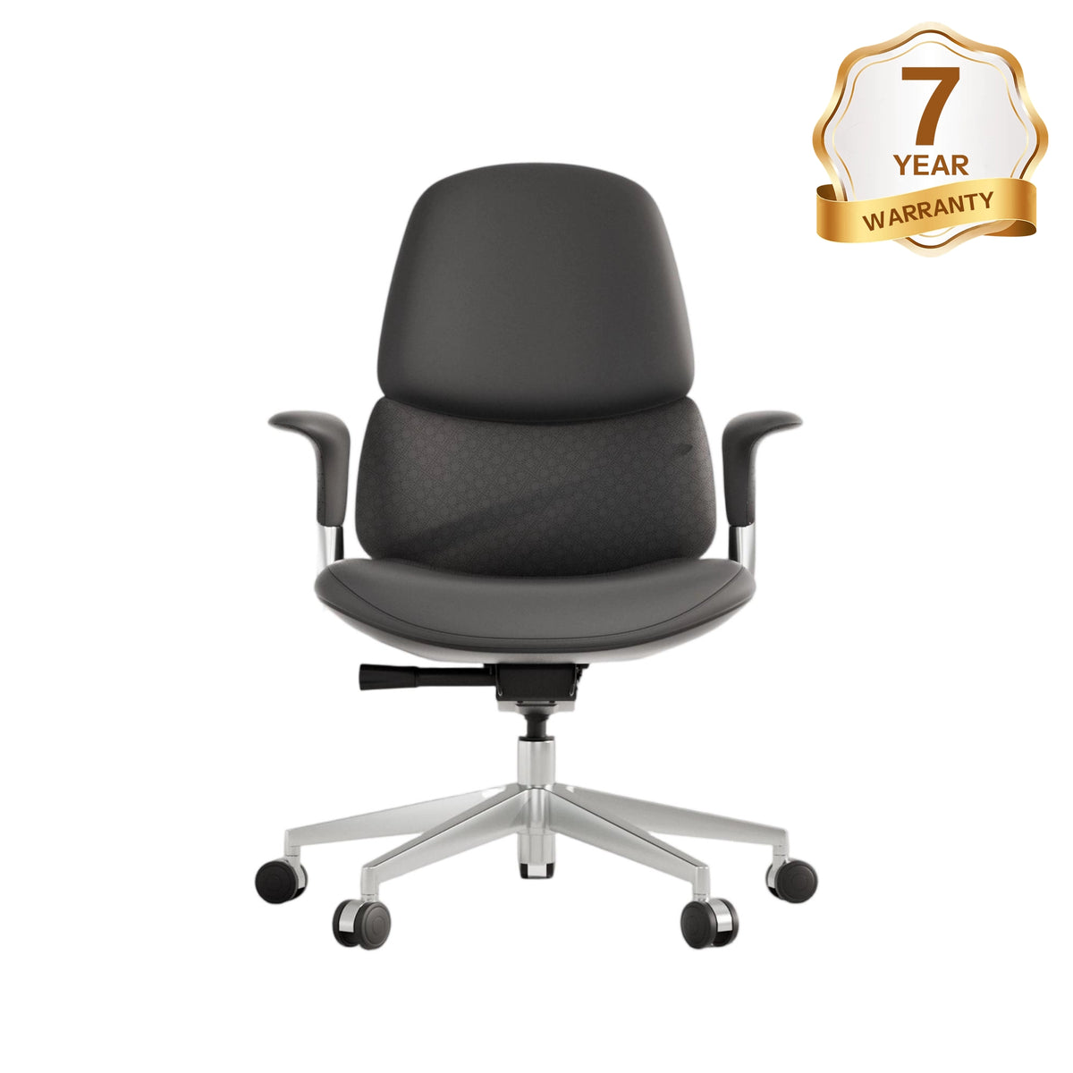 Black mid-back office chair with padded seat, armrests, and swivel caster base
