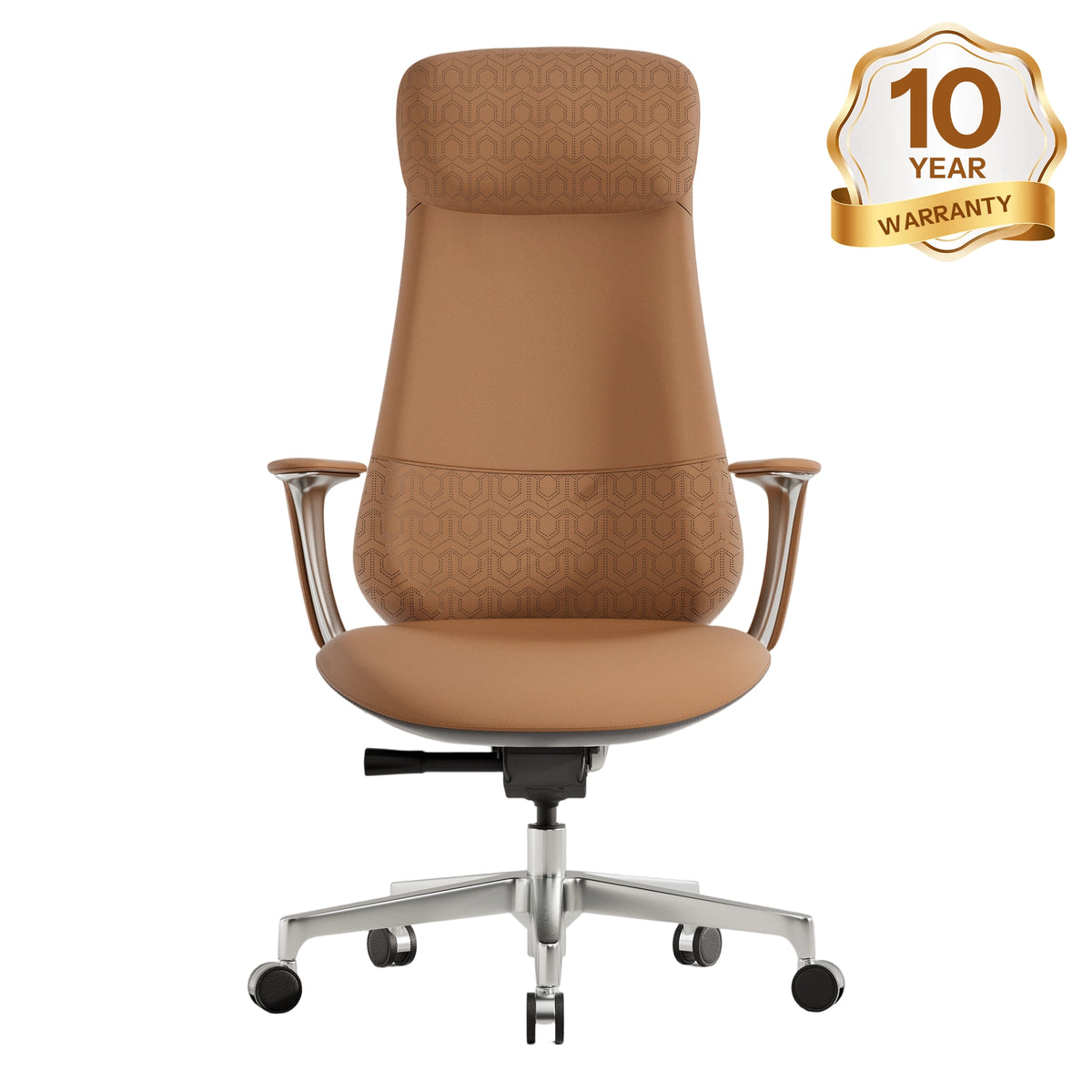 Burnt orange leather office chair with headrest, padded arms, and rolling base