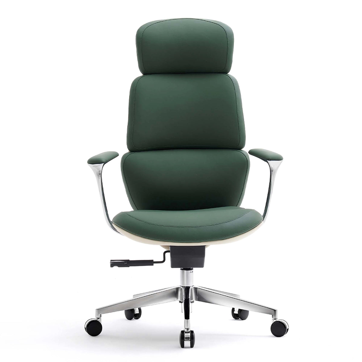 Green leather office chair with tall headrest, padded backrest, swivel base, and armrests.