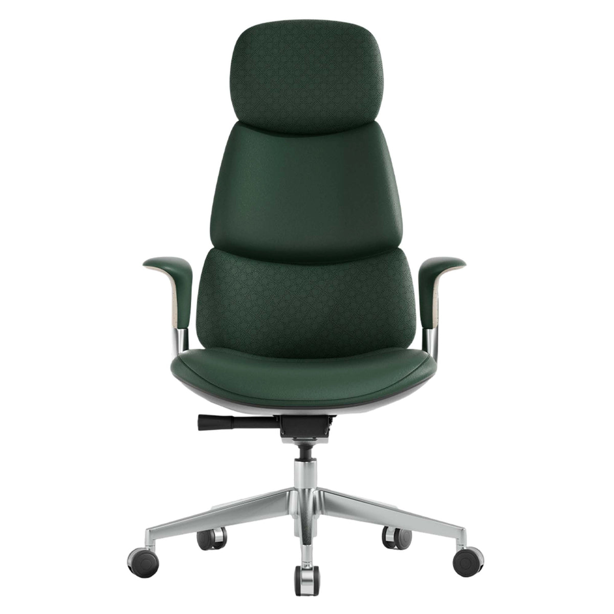 Green leather office chair with cushioned back, armrests, and rolling caster base