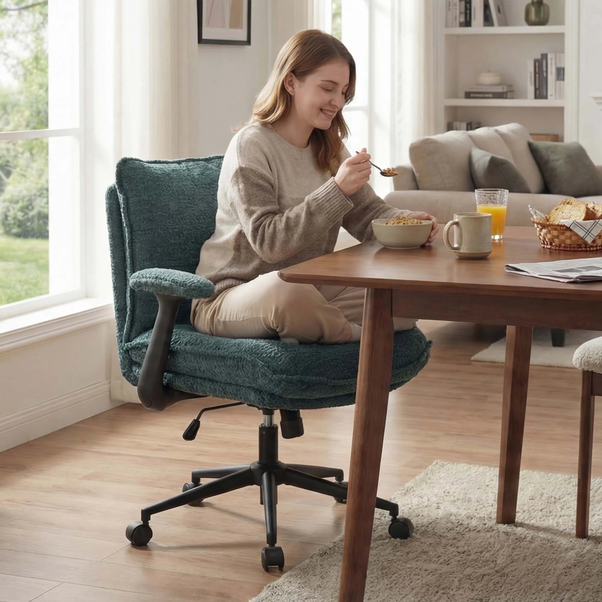 Chenille office chair with teal upholstery, padded seat and arms on black swivel base