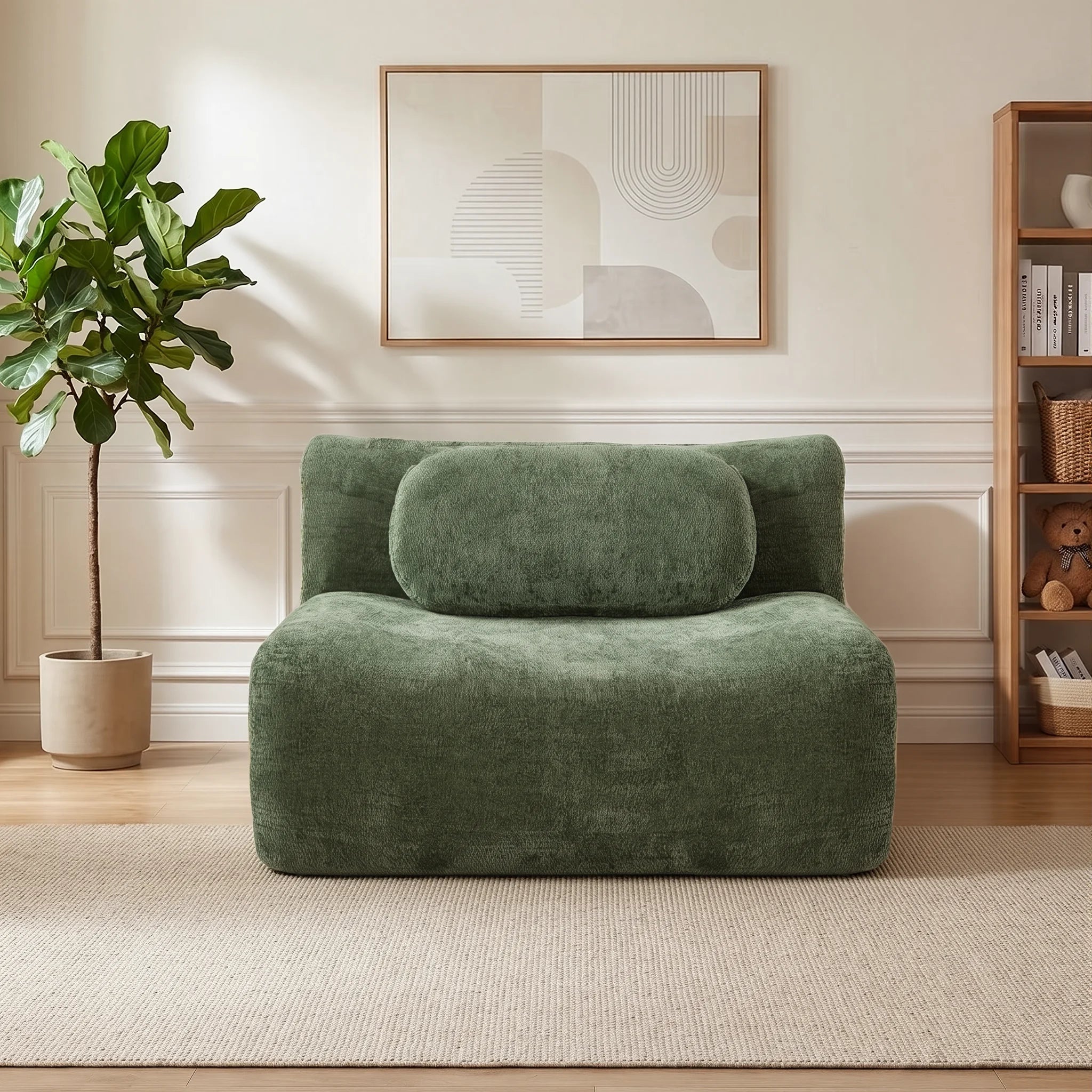 Compressed modular sofa bed in textured green upholstery, front view with backrest bolster