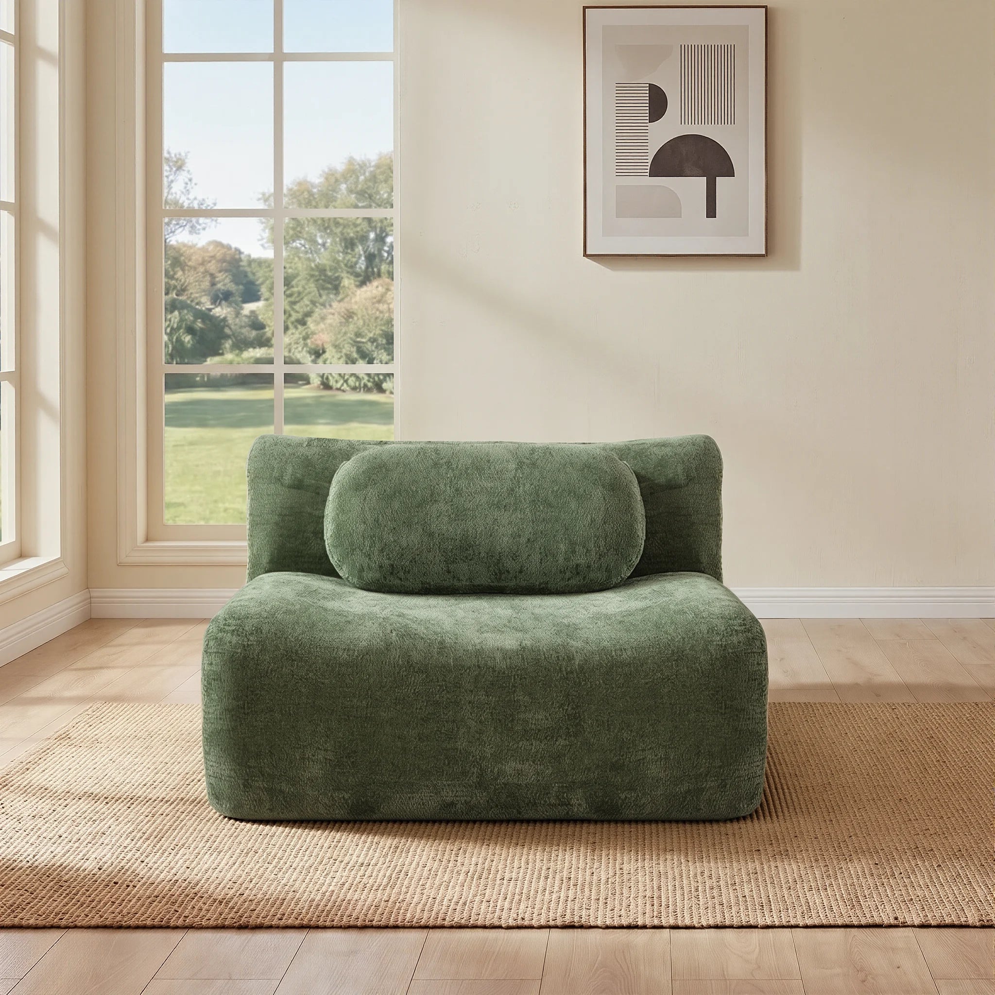 Compressed modular sofa bed in textured green upholstery, front view with rounded seat
