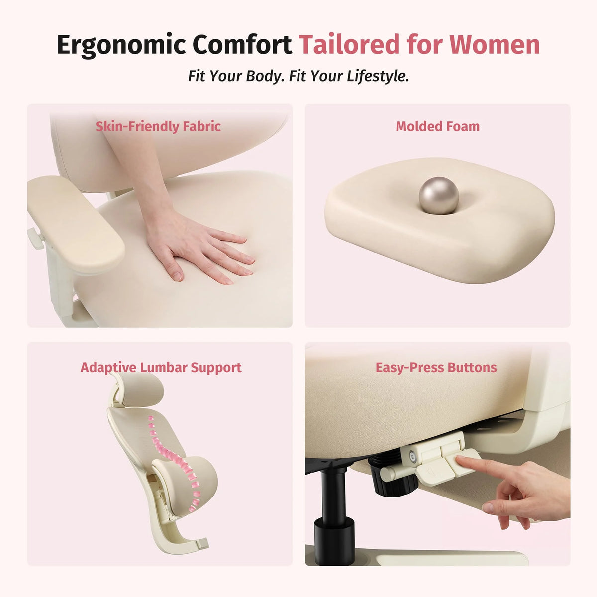Ergonomic office chair comfort details: fabric cushion, molded foam, and adjustment buttons
