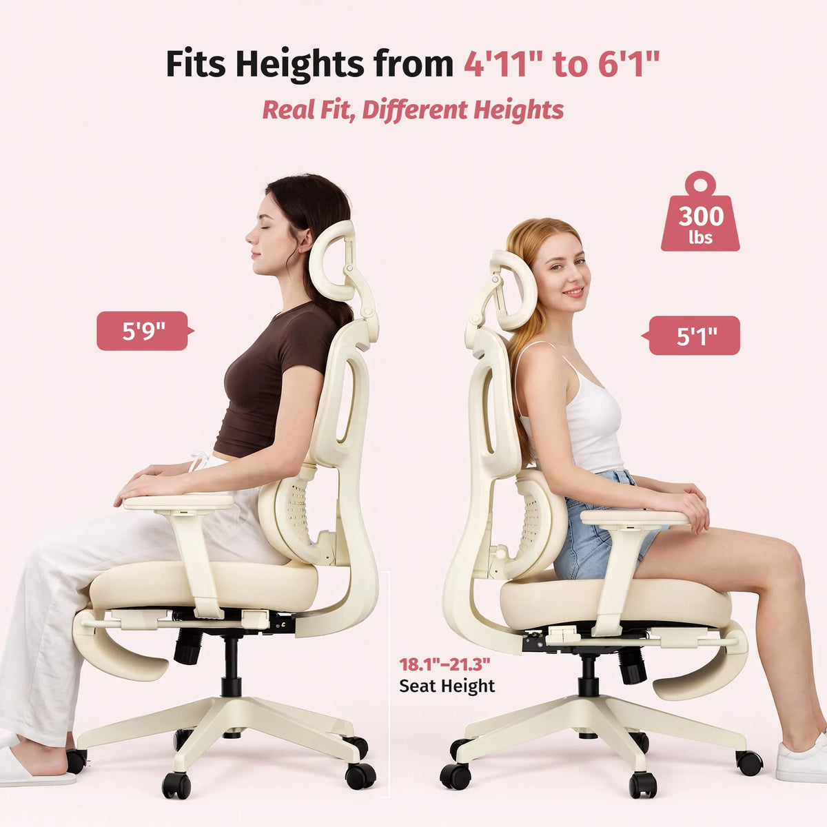 Ergonomic office chair with cream frame, headrest, armrests, and casters