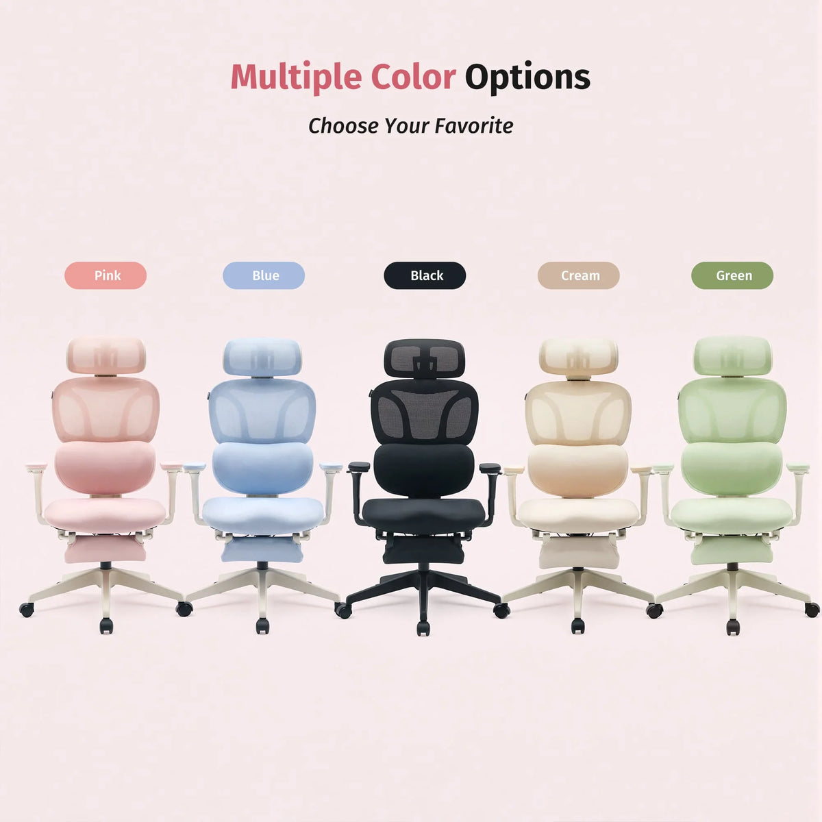 Set of ergonomic office chairs in multiple colors, each with cushioned seat and headrest