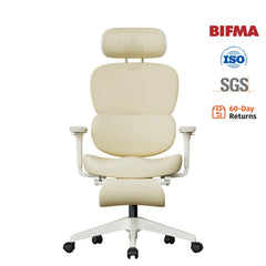 Cream ergonomic office chair with padded headrest, armrests, and footrest