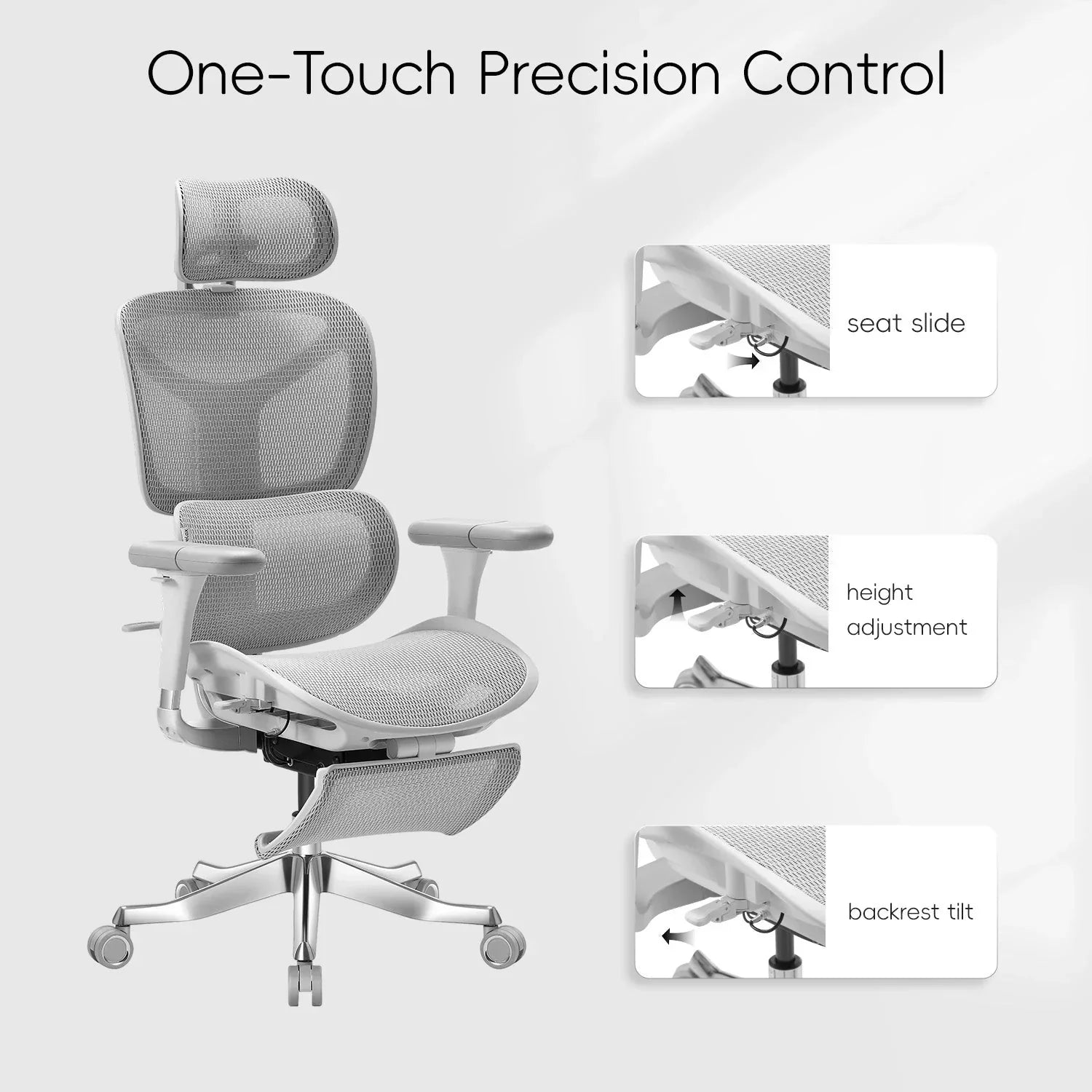 One-Touch Precision Control：Seat Slide、Backrest Tilt、Height Adjustment