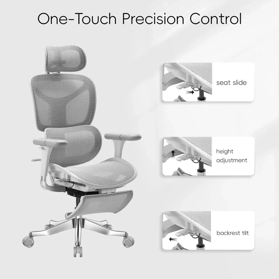 One-Touch Precision Control：Seat Slide、Backrest Tilt、Height Adjustment