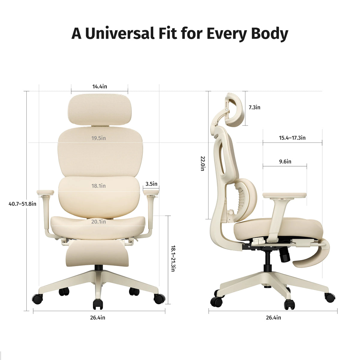 Ergonomic office chair with cream cushioned backrest and headrest, five-star base