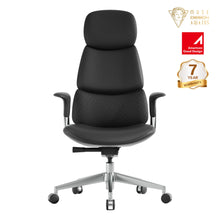 Black leather office chair with padded headrest and adjustable tilt mechanism