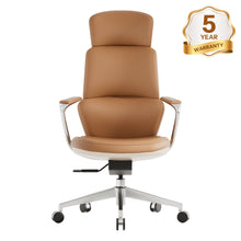 Ergonomic leather office chair in tan with padded back, armrests, swivel base and casters