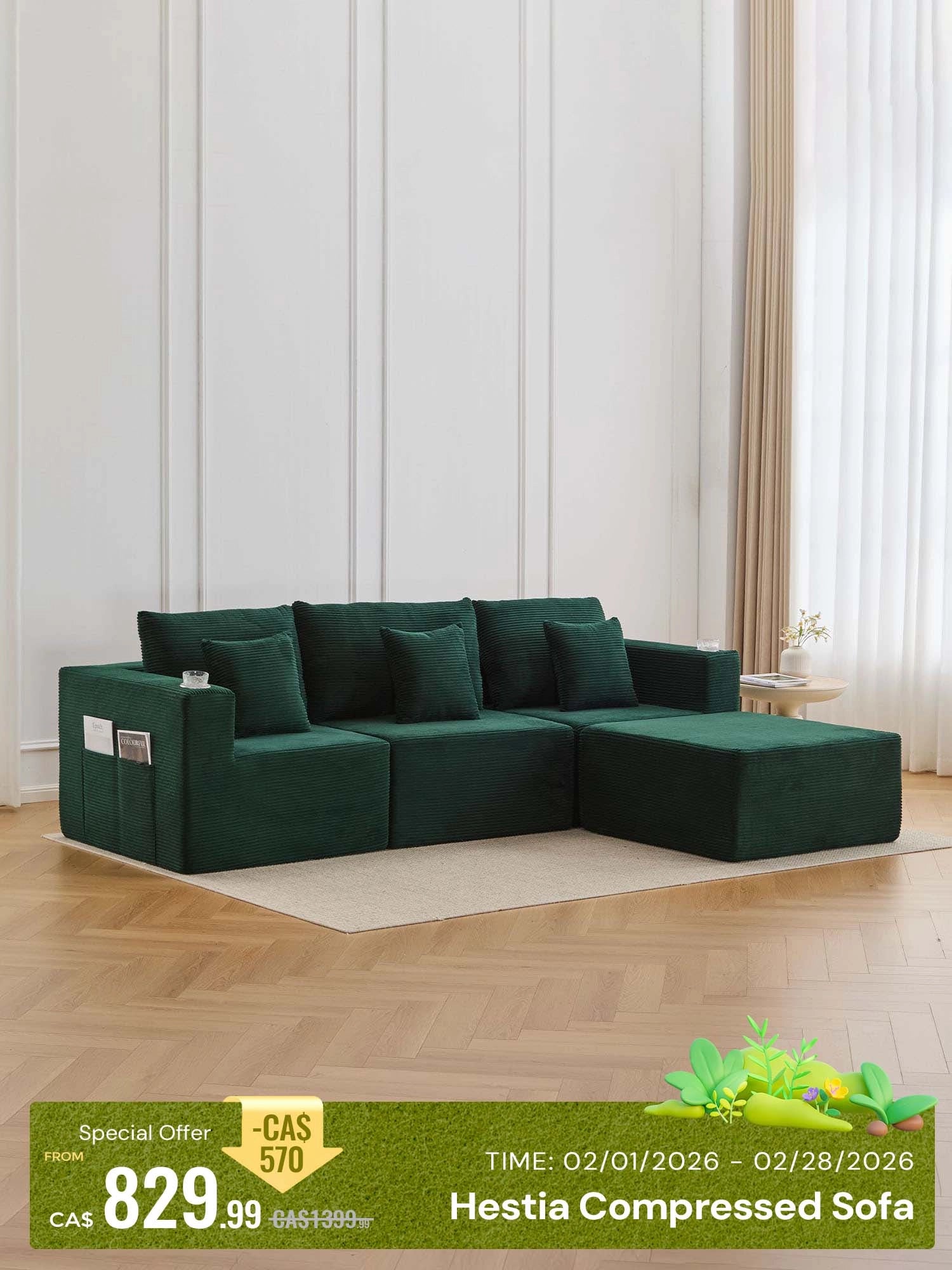 Hestia Compressed Modular Sofa with Cup Holders & Storage