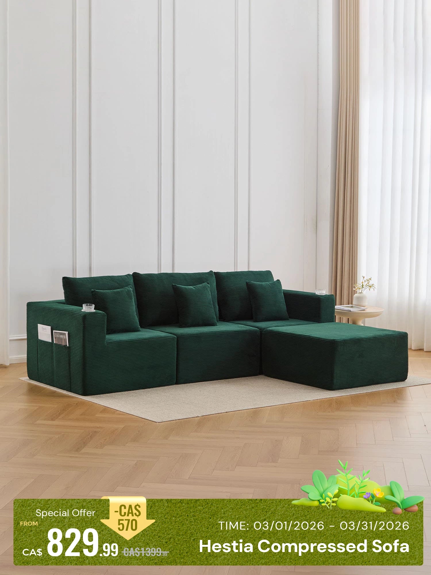Hestia Compressed Modular Sofa with Cup Holders & Storage