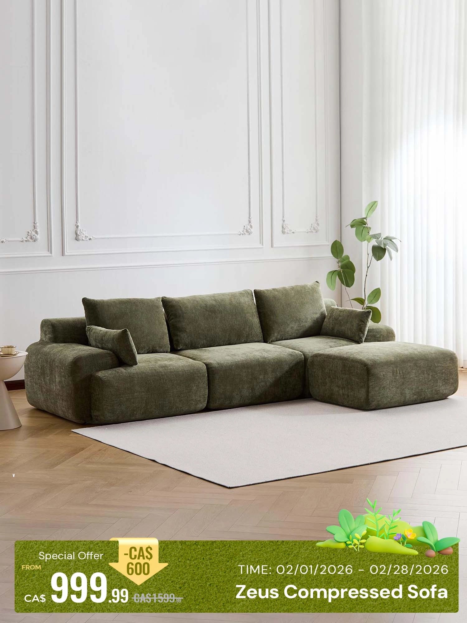 Zeus Compressed Sectional Sofa with Ottoman