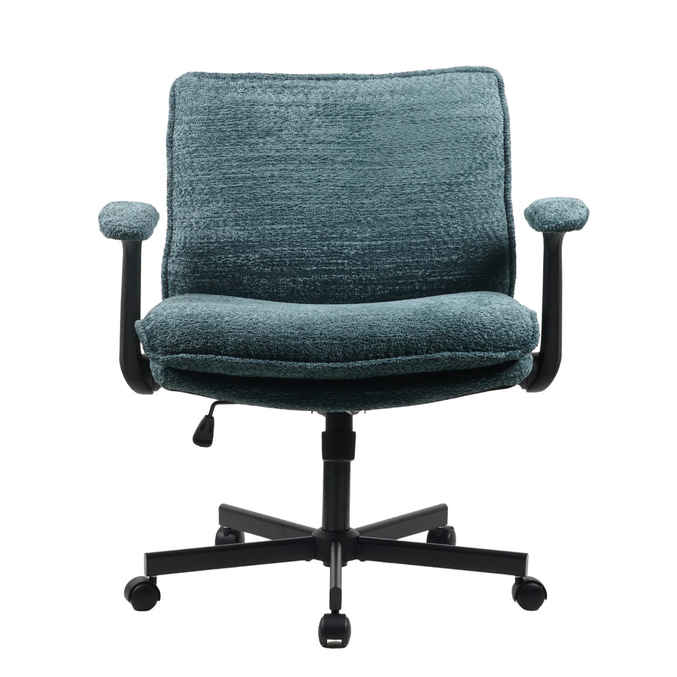 Chenille office chair with teal fabric and padded fixed armrests, black swivel base