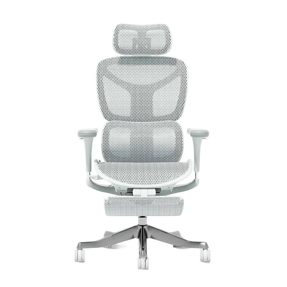 White mesh office chair with cushioned back, seat, and armrests on star base