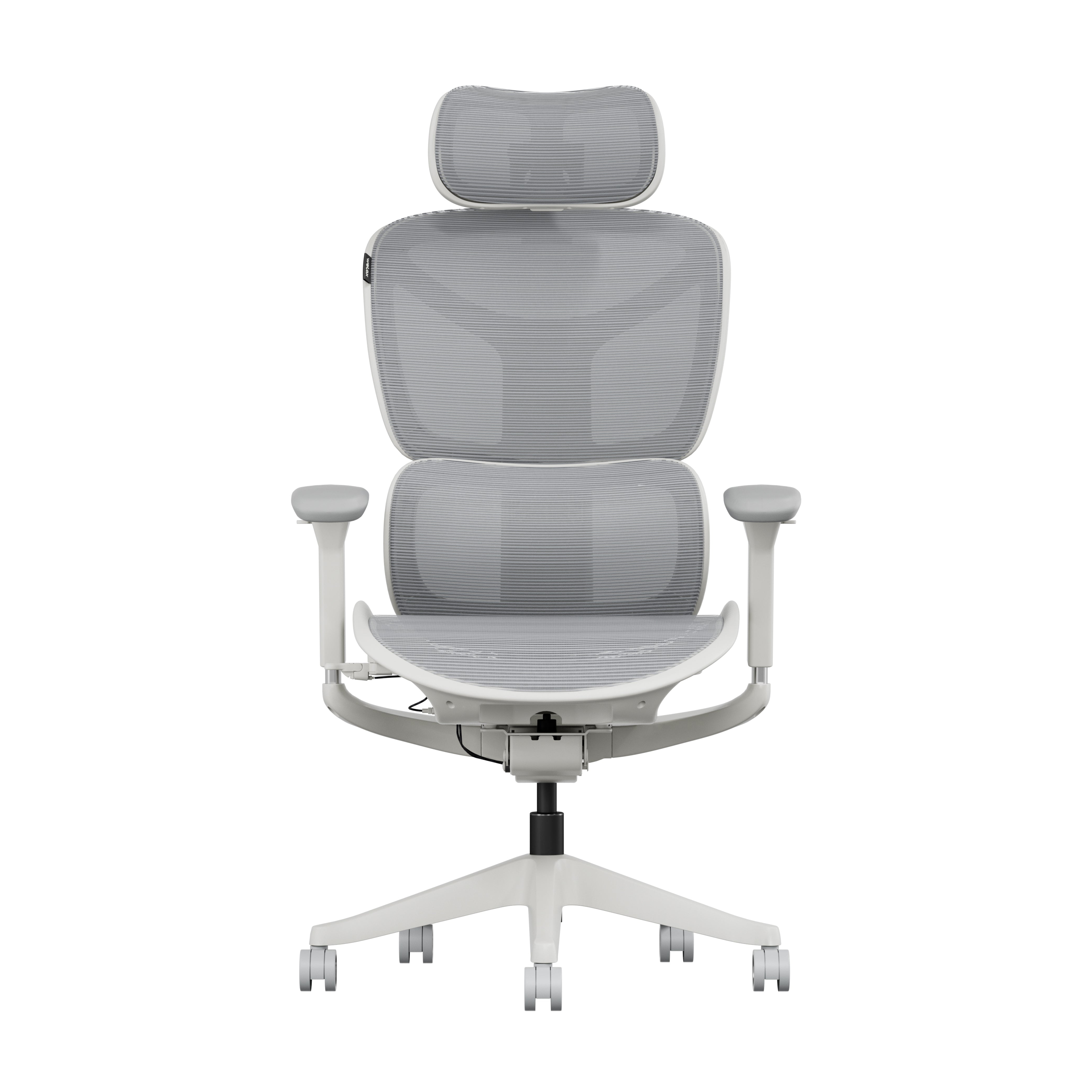 Light gray ergonomic office chair with mesh back and padded seat