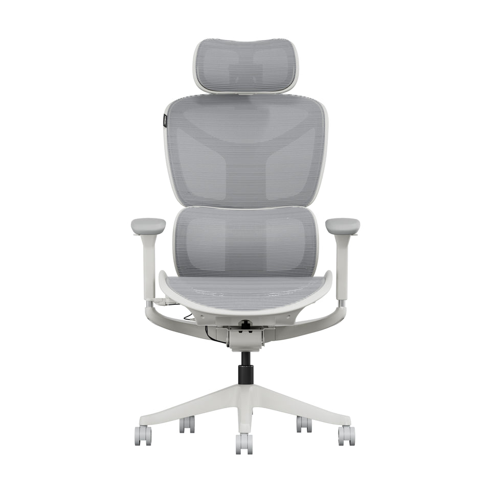 Light gray ergonomic office chair with mesh back and padded seat