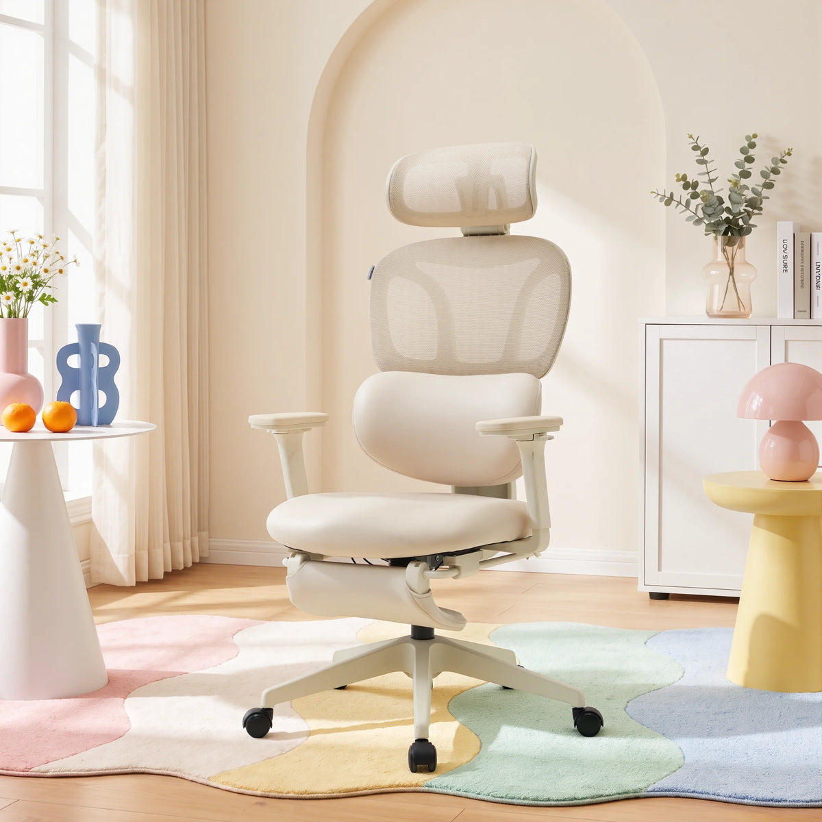 Cream ergonomic office chair with tall headrest, cushioned seat, and rolling base