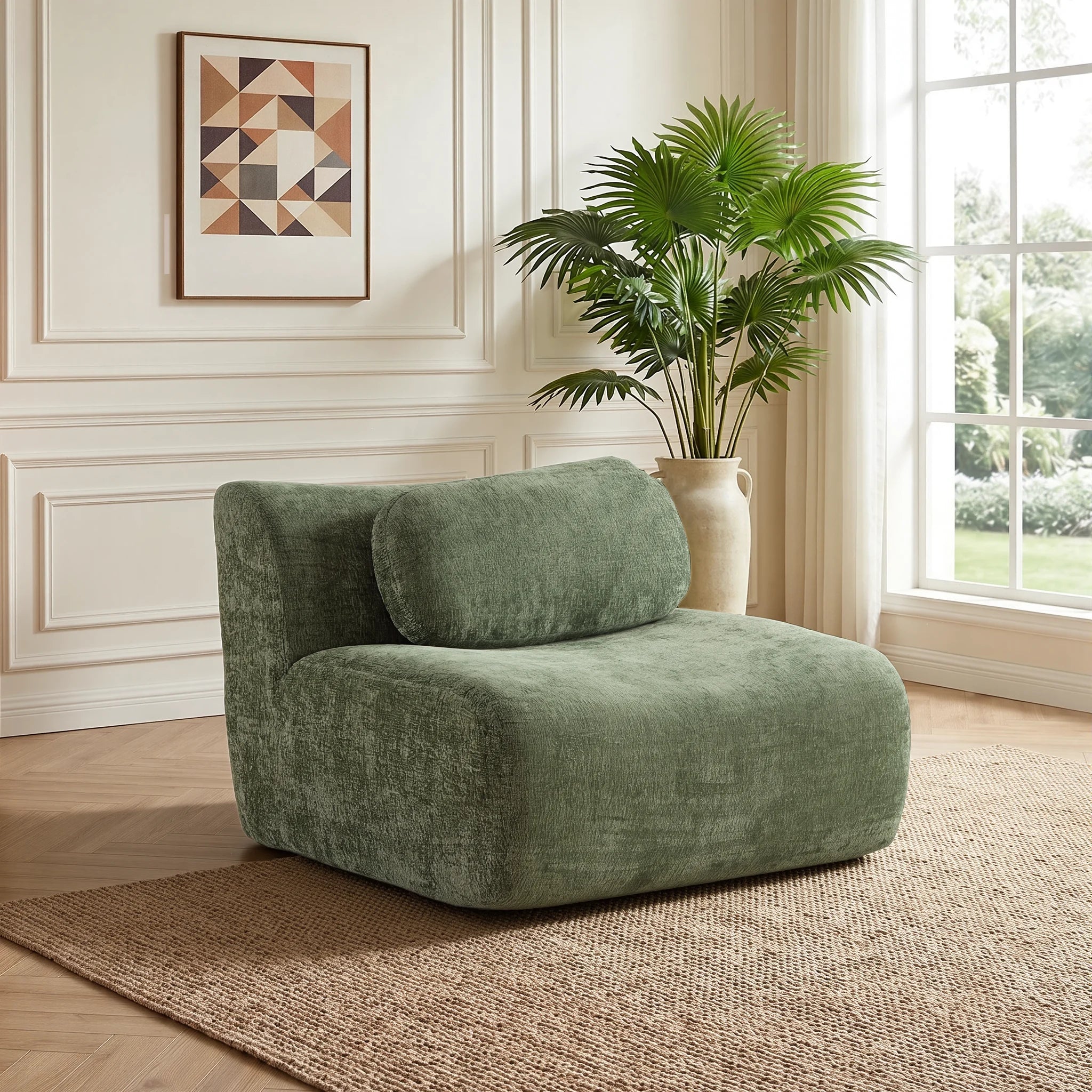 Compressed modular sofa bed in textured green fabric, open seat with back cushion