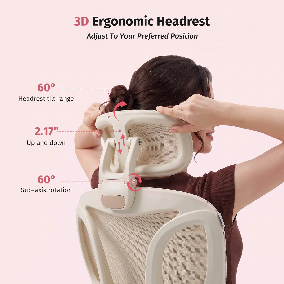Cream 3D ergonomic headrest with adjustable tilt and height on office chair frame