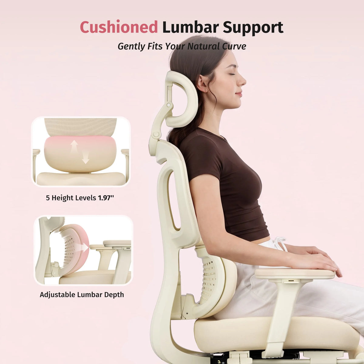 Ergonomic office chair with cushioned lumbar support and headrest in cream