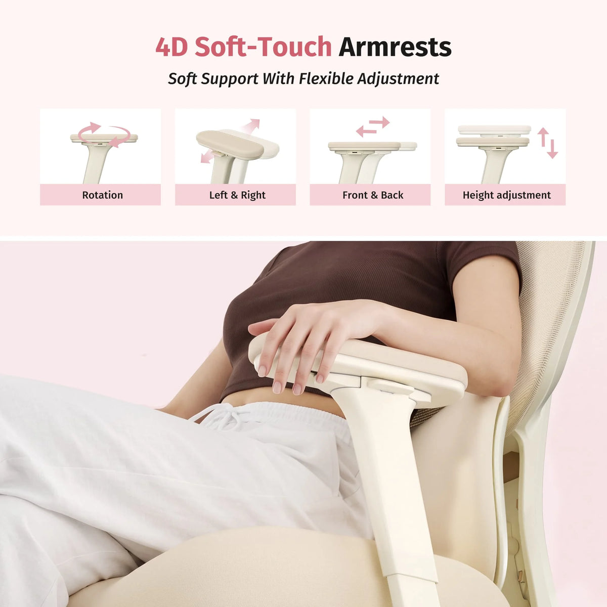 Cream office chair with cushioned armrests and molded seat, shown reclined