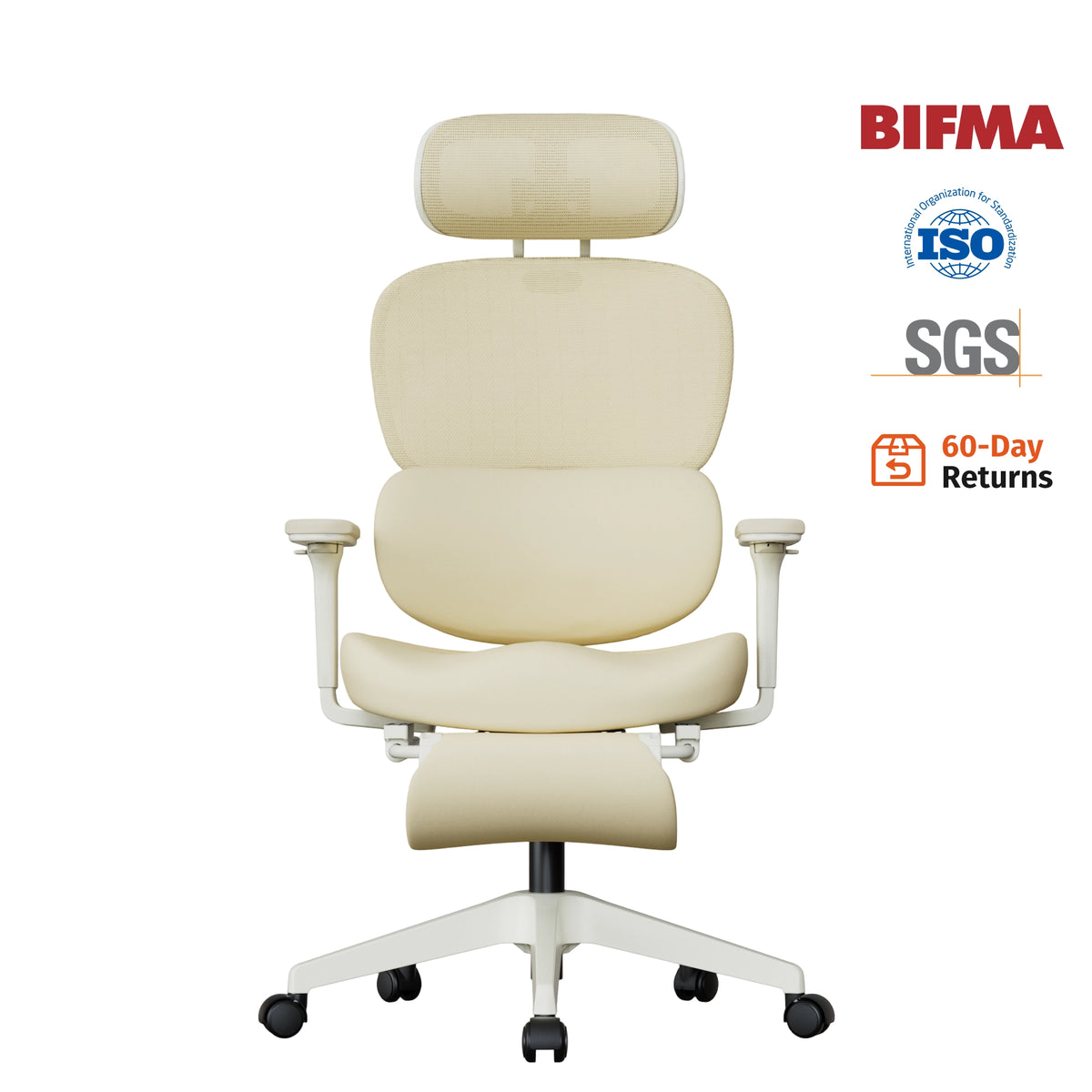 Cream ergonomic office chair with padded headrest, armrests, and footrest