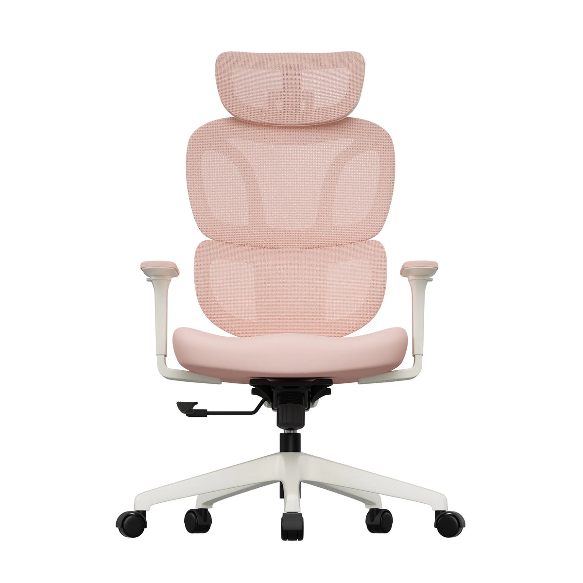 Pink office chair with padded headrest and seat, white base and caster wheels