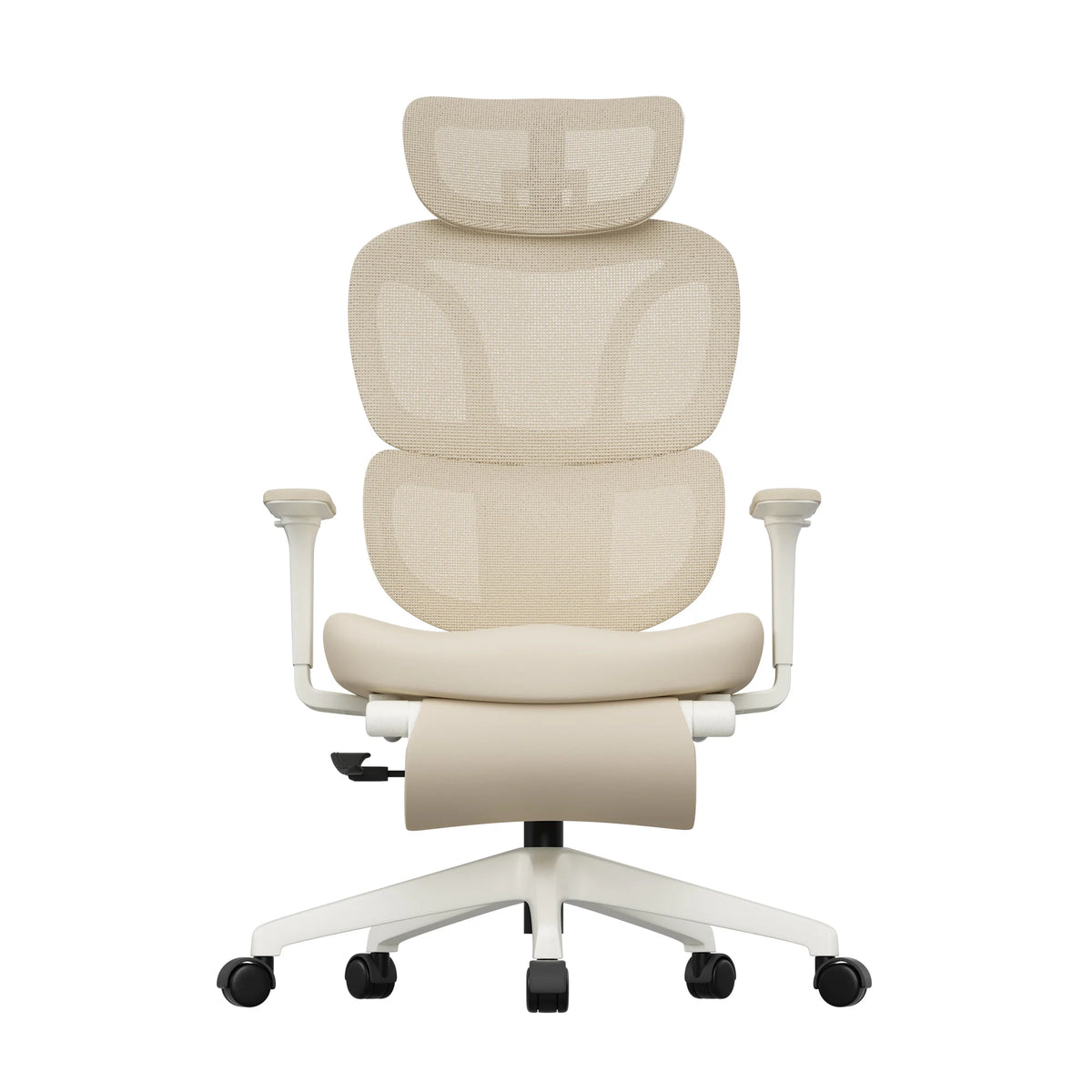 Cream office chair with padded headrest, armrest pads, and footrest
