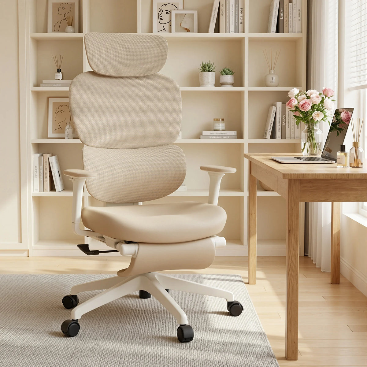 Cream office chair with padded headrest and backrest, tilt lever, and caster base