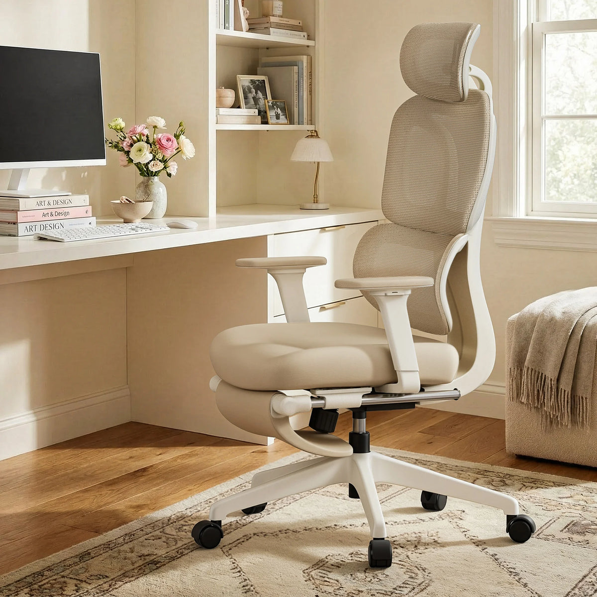 Ergonomic office chair with cushioned back and seat, white frame, and rolling wheels