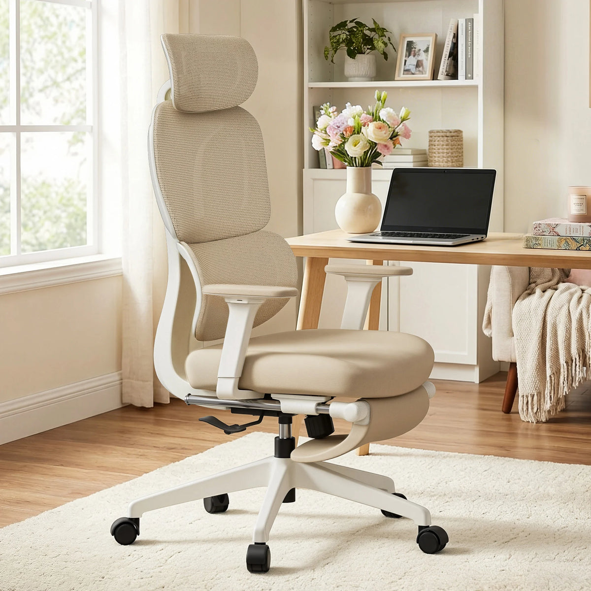 Office chair with fabric backrest, cushioned seat, white frame, and rolling casters