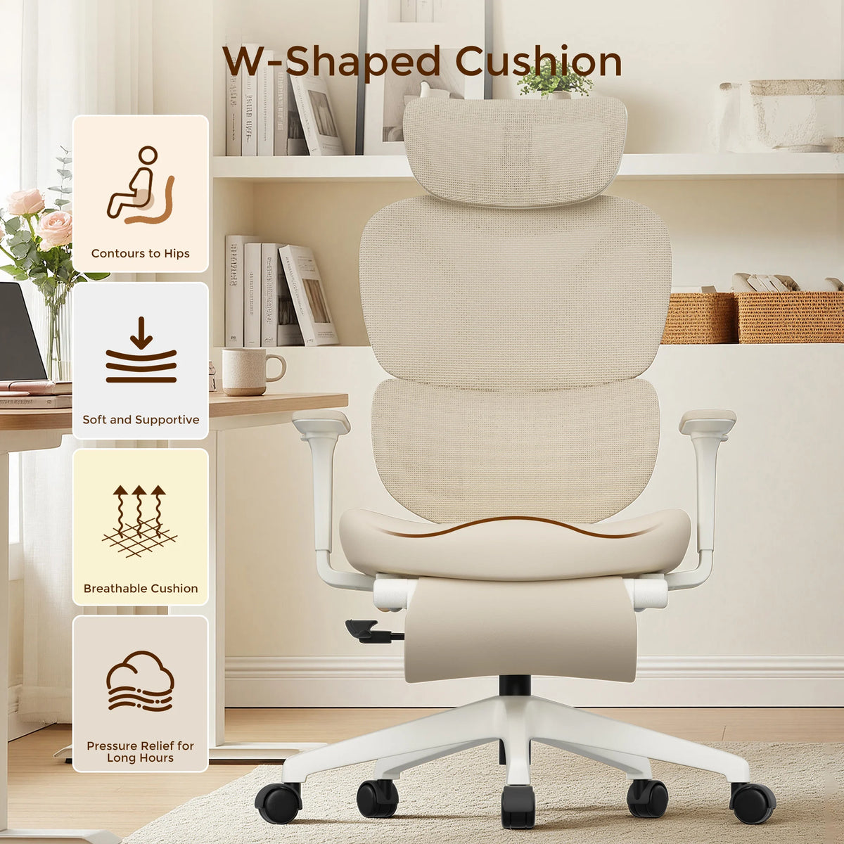 Cream office chair with W-shaped back cushion, padded seat, and caster base