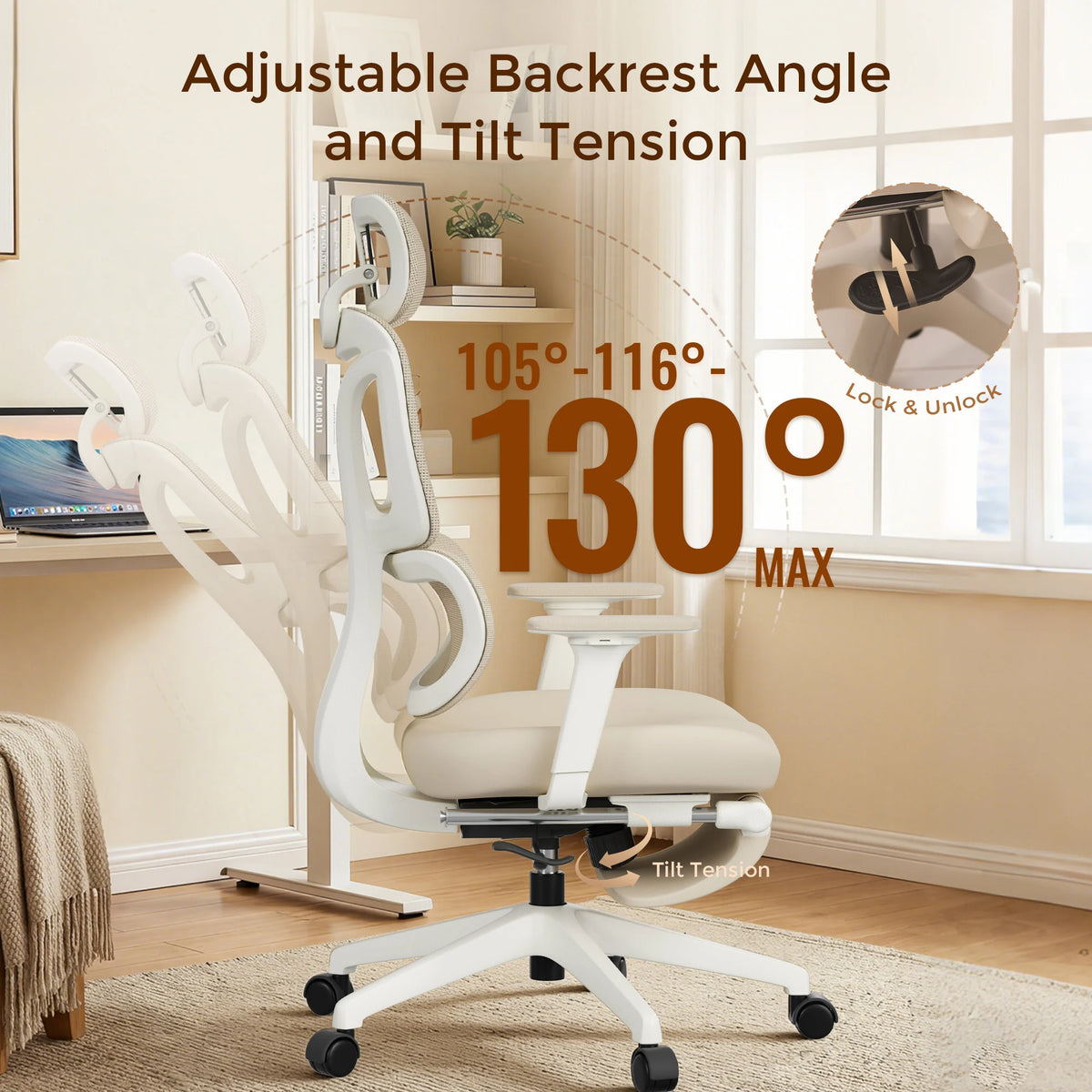 Cream office chair with reclining backrest and tilt tension control