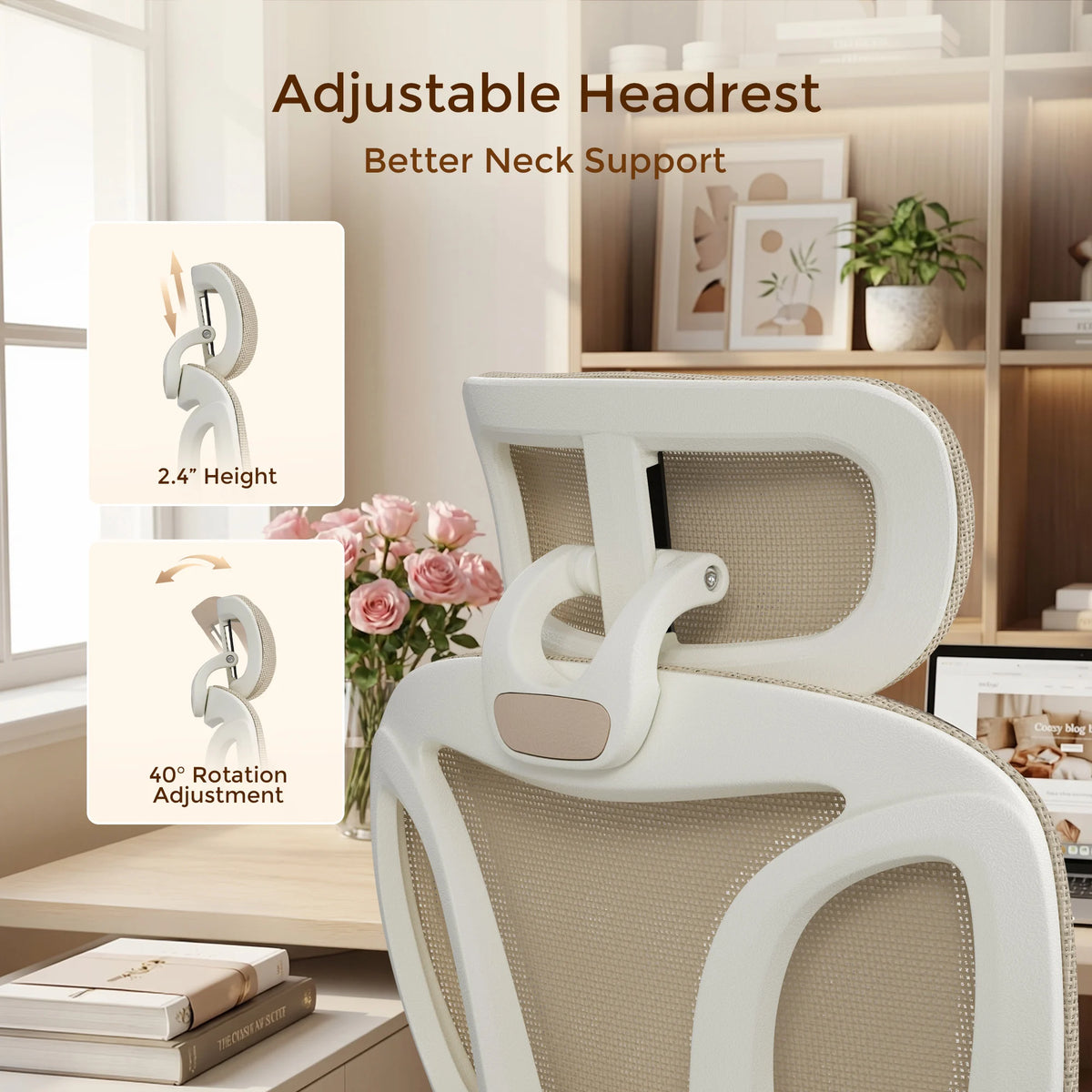 Cream office chair with tall headrest and curved mesh back, adjustable arm support