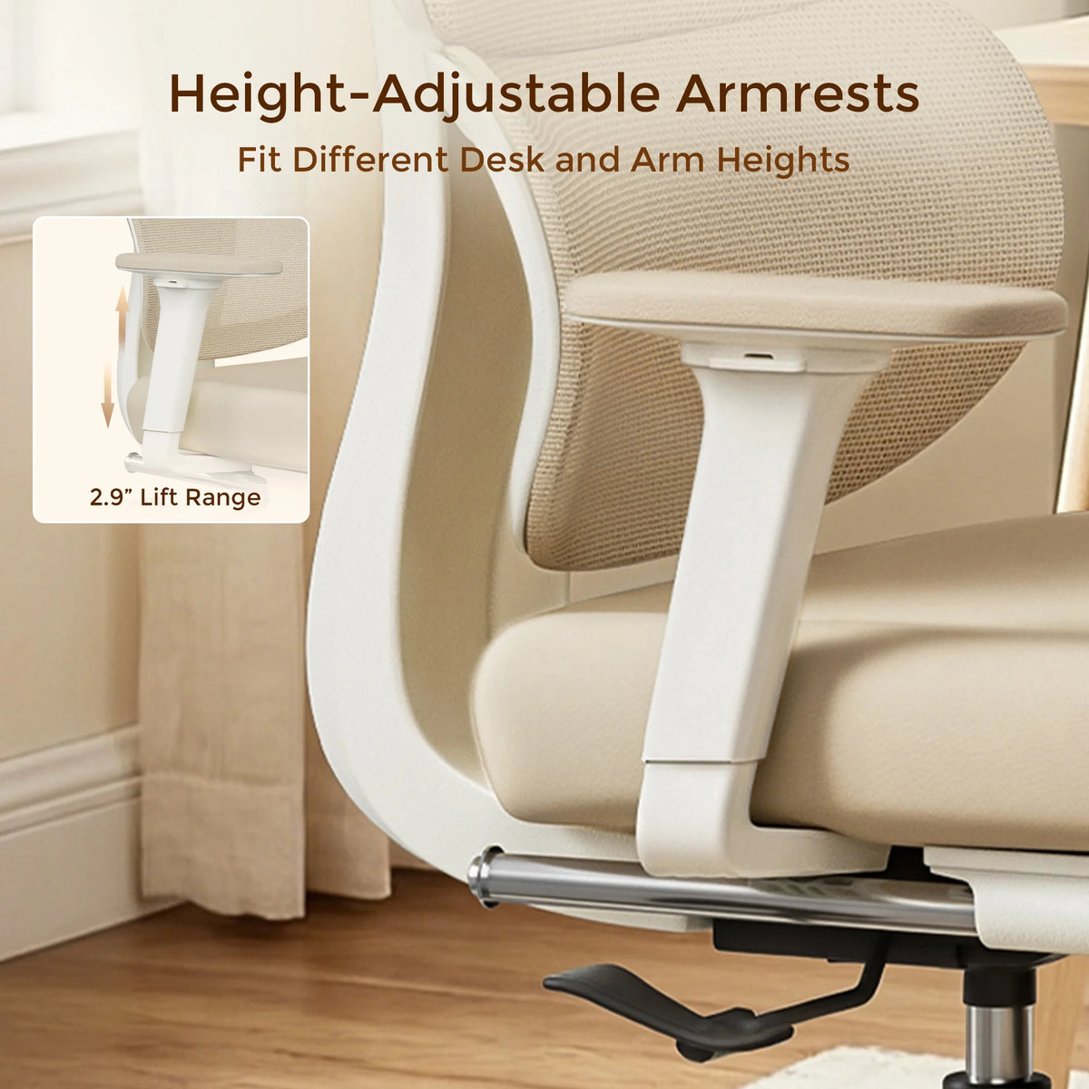 Cream office chair with height-adjustable armrest and padded side support, base