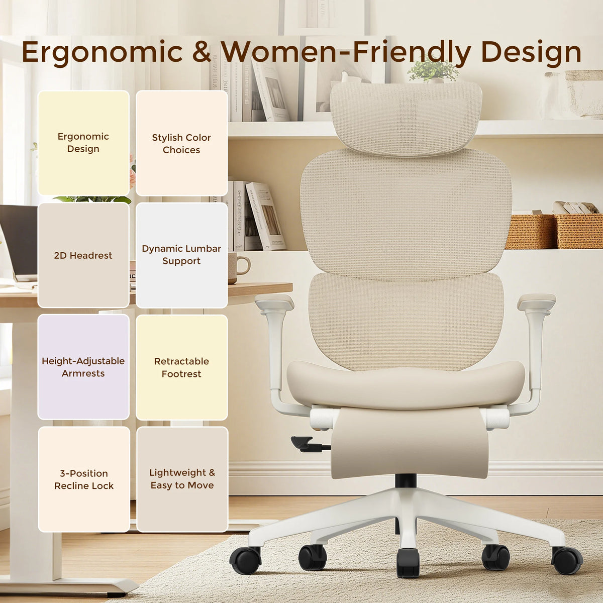 Cream office chair with padded headrest, lumbar support, retractable footrest on casters