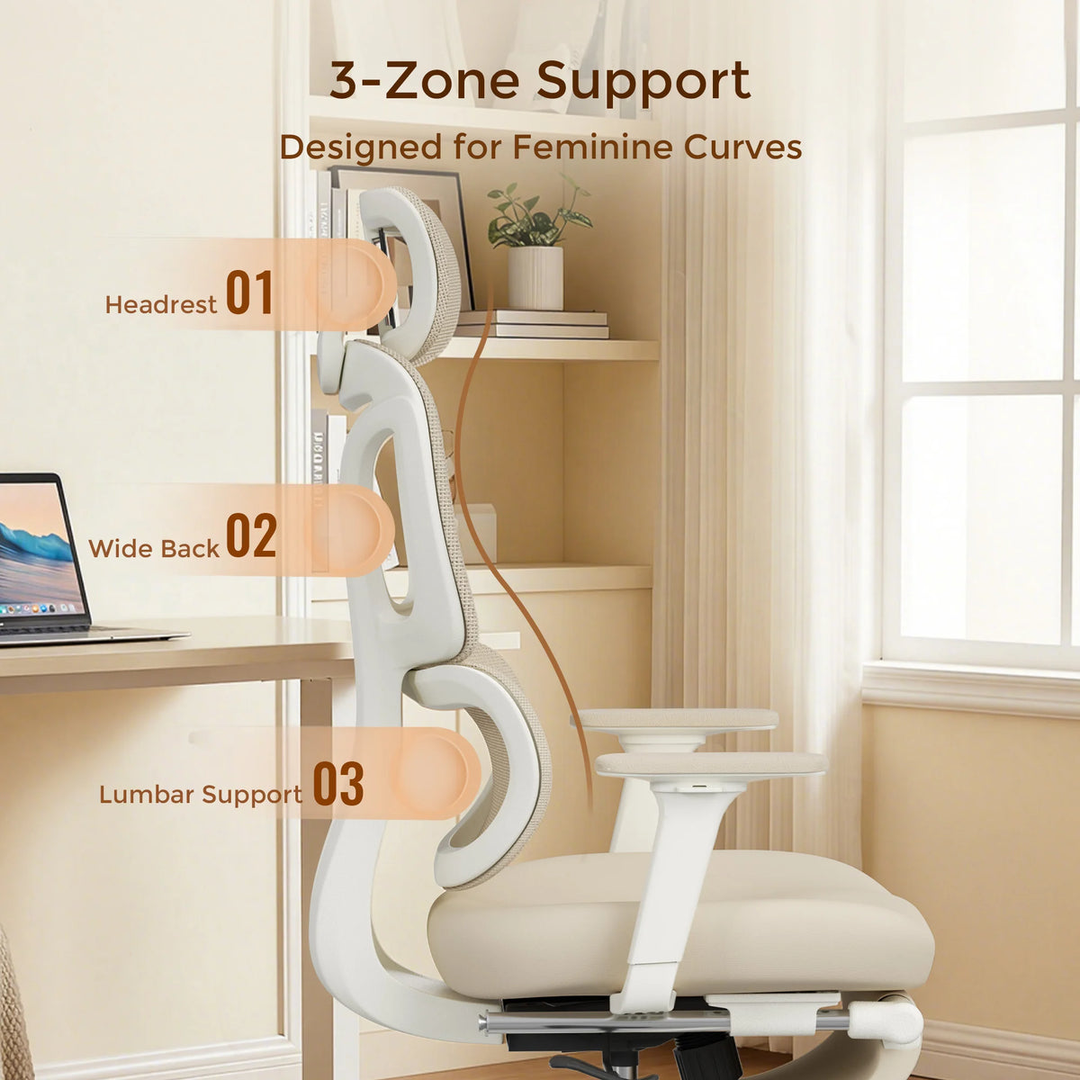Cream office chair with tall padded back, lumbar support, armrest, and caster base