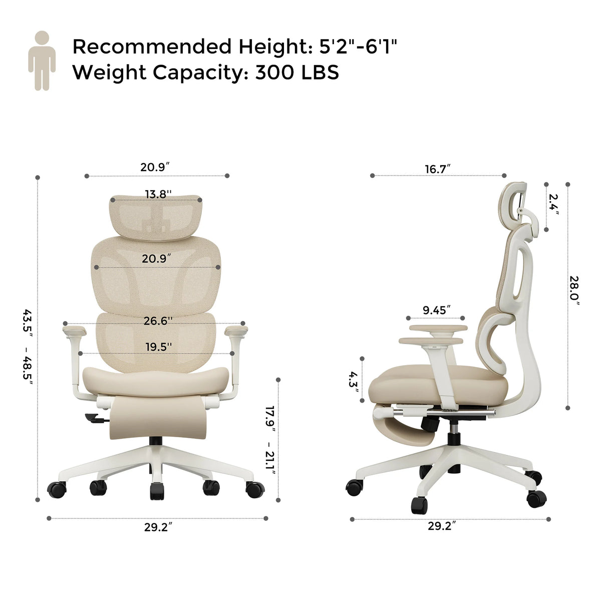 Ergonomic office chair with cushioned back and seat; white frame with caster base