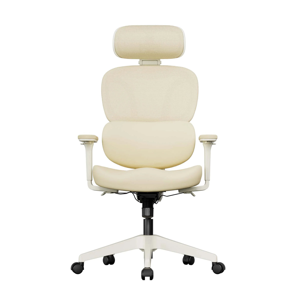Cream office chair with padded headrest, backrest, armrests, and 5-star caster base