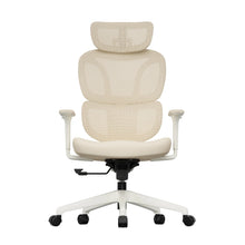 Cream office chair with padded headrest, lumbar support, and white base