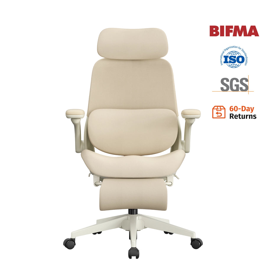 Ergonomic office chair with padded seat and foldable backrest, cream upholstery