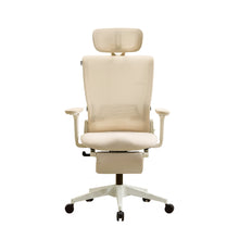 Ergonomic desk chair with foldable backrest, beige mesh back and cushioned seat