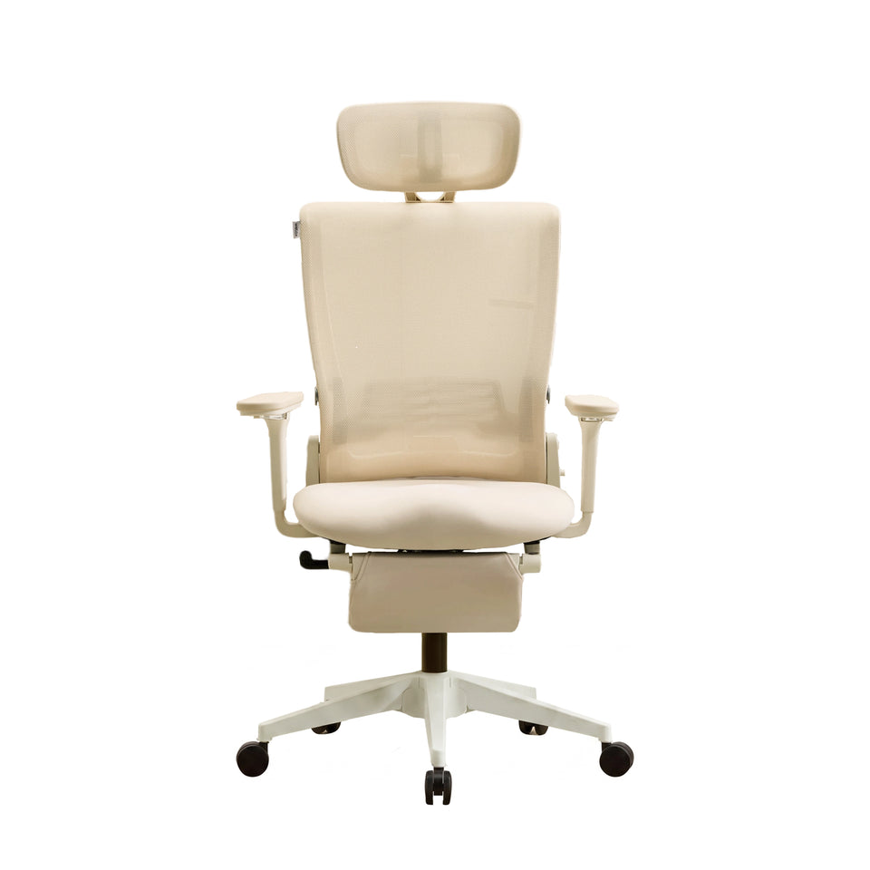 Ergonomic desk chair with foldable backrest, beige mesh back and cushioned seat