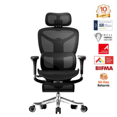 Black ergonomic office chair with mesh back, padded seat, headrest, armrests, casters